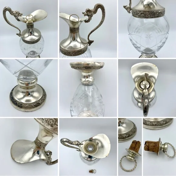 Vintage Italian Silver Plated Crystal Ewer Dragon Victorian Decanter, 12 Glasses - Picture 10 of 15